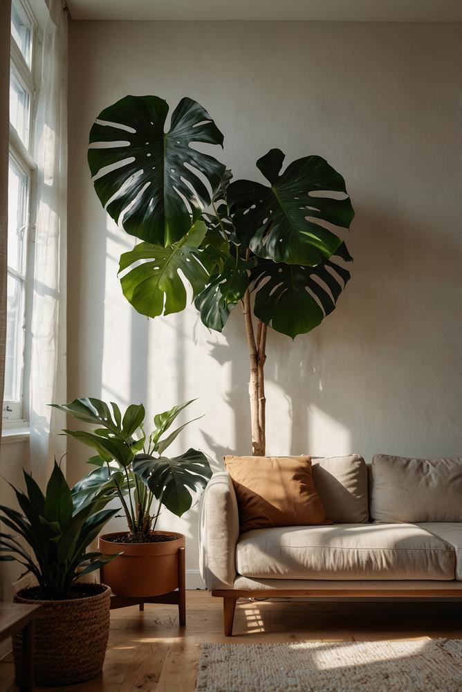 Hohe Monstera neben modernem Sofa in hellem Raum