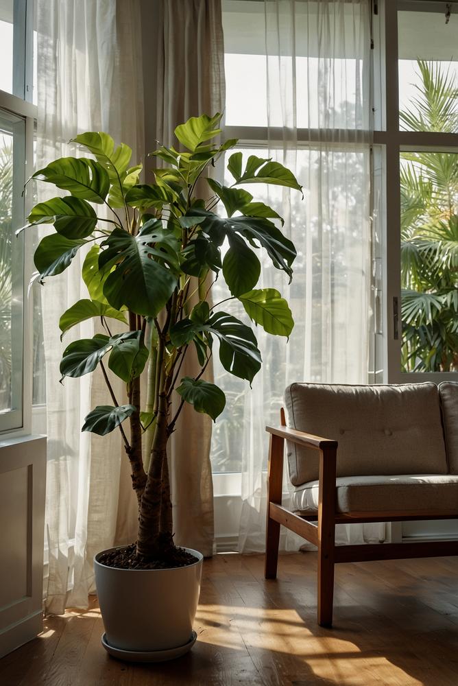 Große Monstera und Ficus am sonnigen Fenster