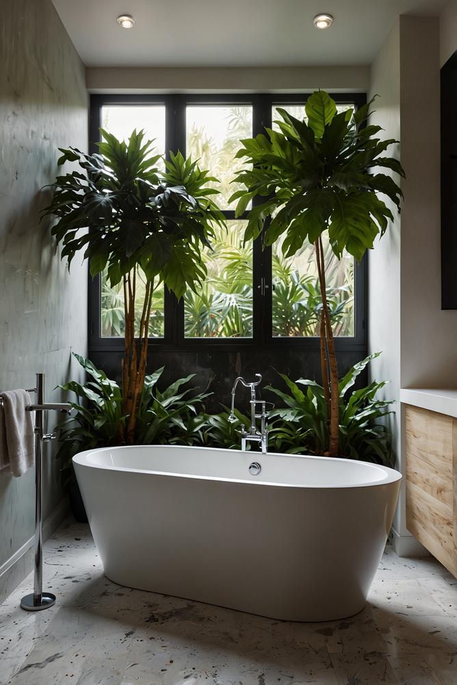 Helles Badezimmer mit riesigen tropischen Zimmerpflanzen