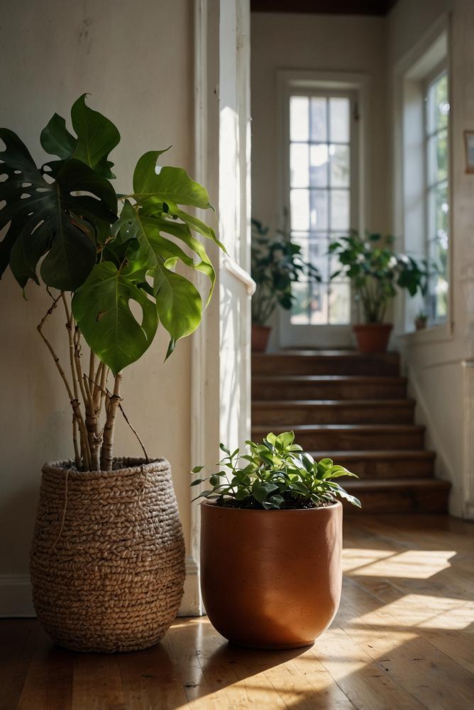 Heller Eingangsbereich mit grosser Monstera