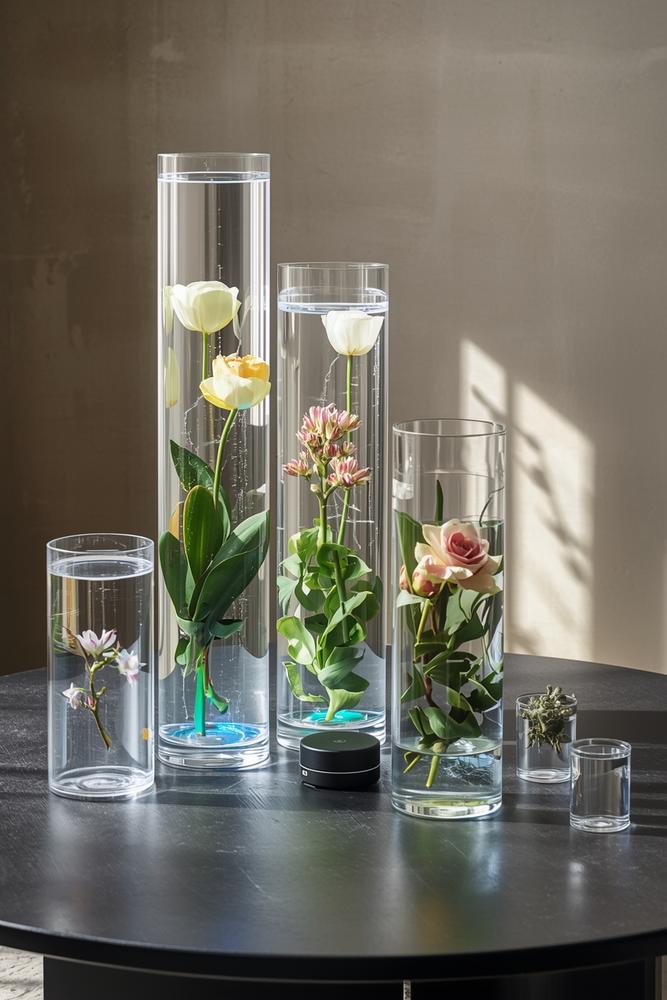Transparente Acrylsäulen mit schwebenden Blumen