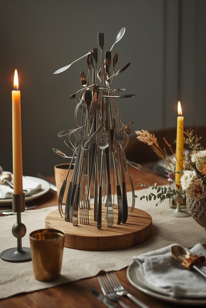 Besteck-Skulptur als rustikales Tischmittelstueck