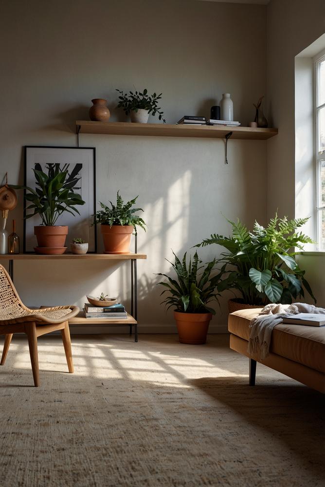 Freistehende Buecherwand mit Pflanznischen im Wohnzimmer