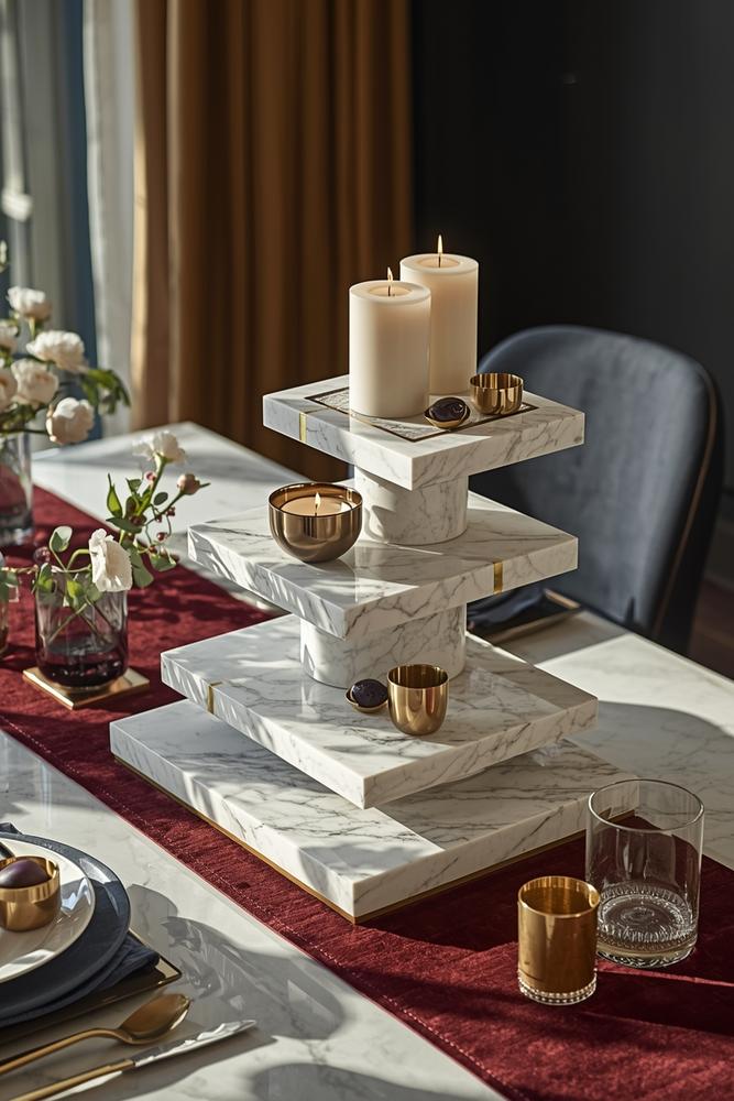 Mehrstöckiges Carrara-Marmor Kerzenpodium auf Samtläufer