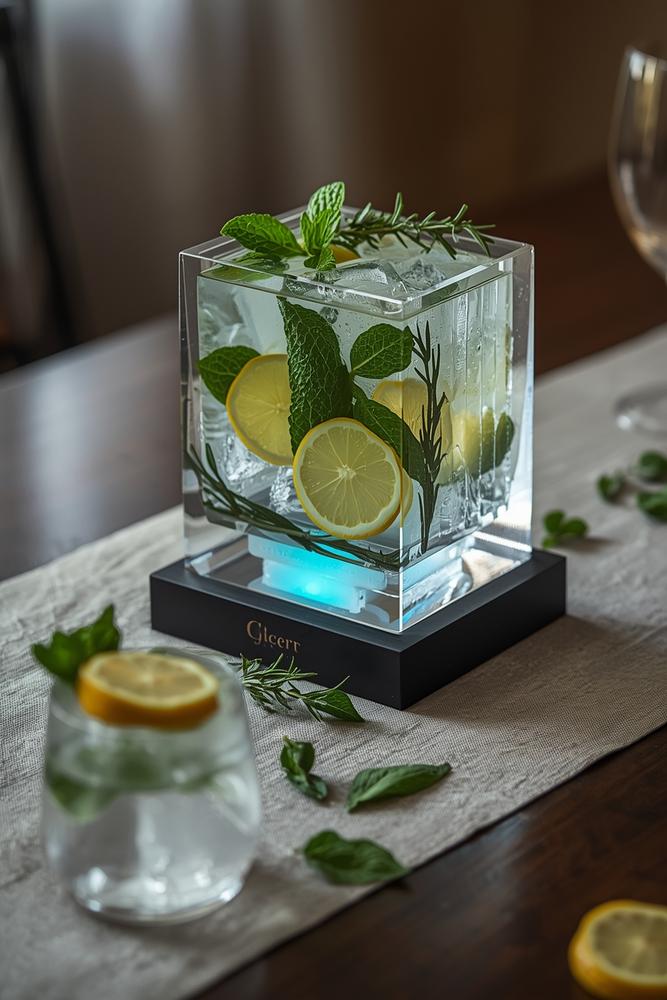 Eisblock-Centerpiece mit Kräutern und LED-Basis