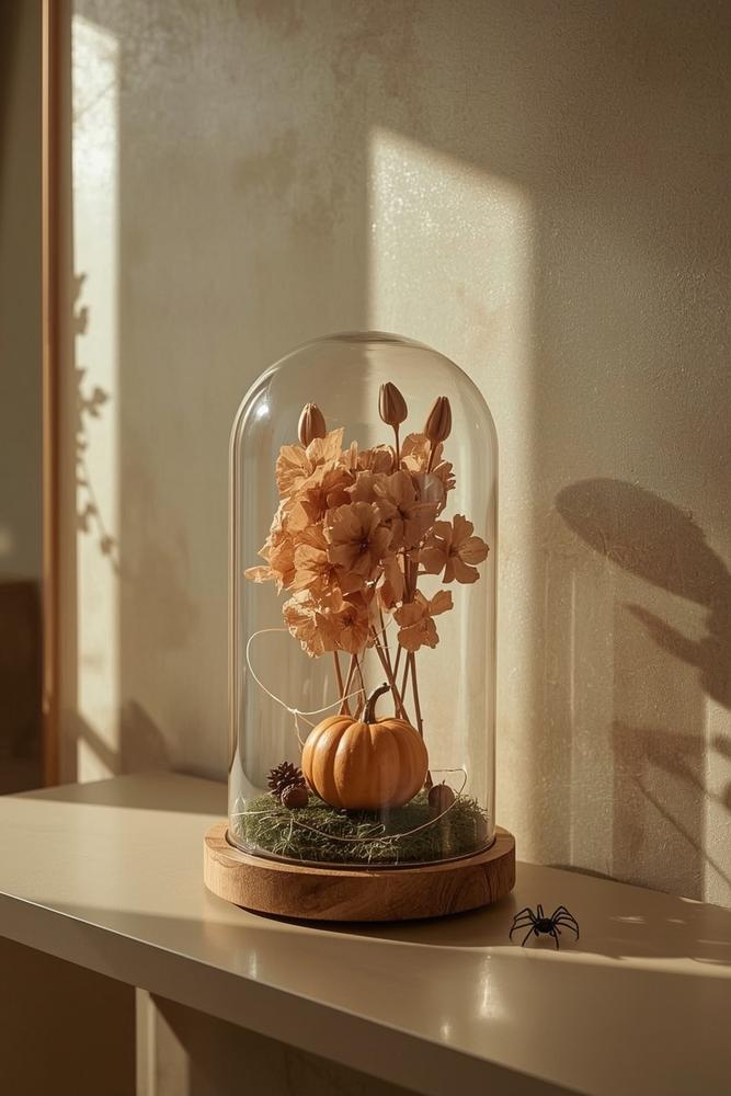 Glas-Cloche mit getrockneten Hortensien und Mini-Kuerbis