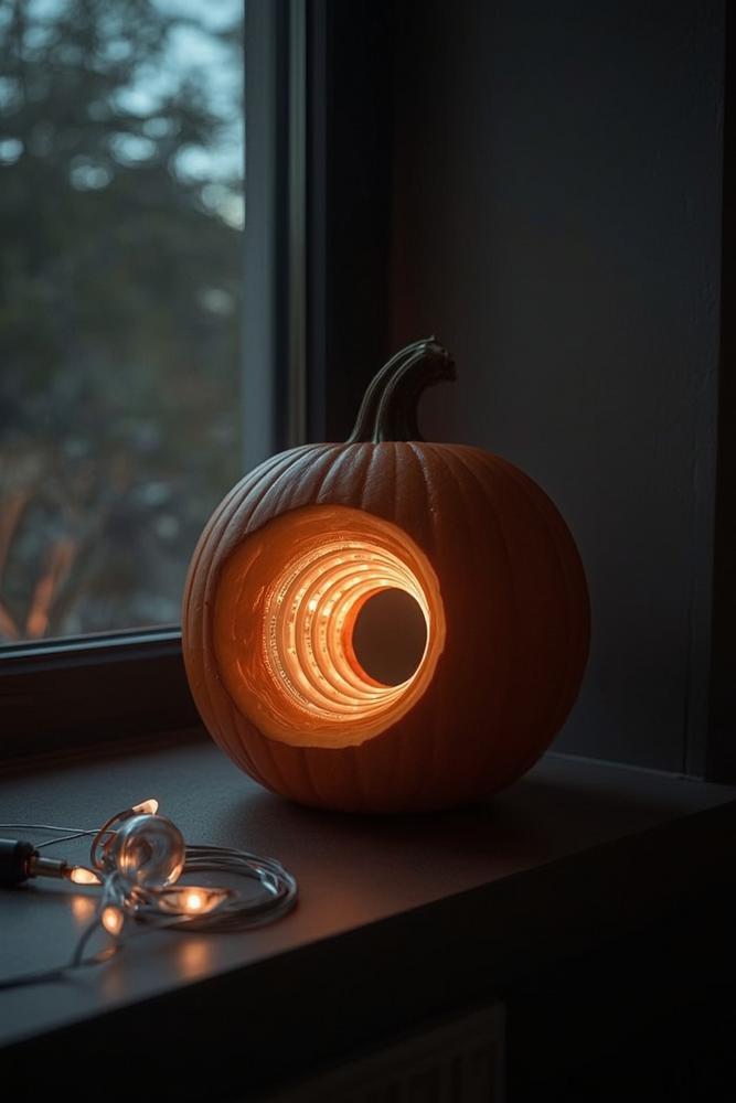 halloween kürbis diy led glow-tunnel auf fensterbank