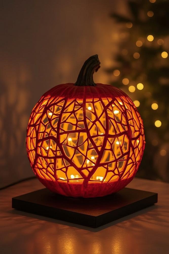 halloween kürbis diy led mit goldenem micro-led spinnennetz