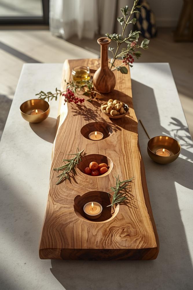 Mangoholz Servier-Skulptur mit eingelassenen Schälchen