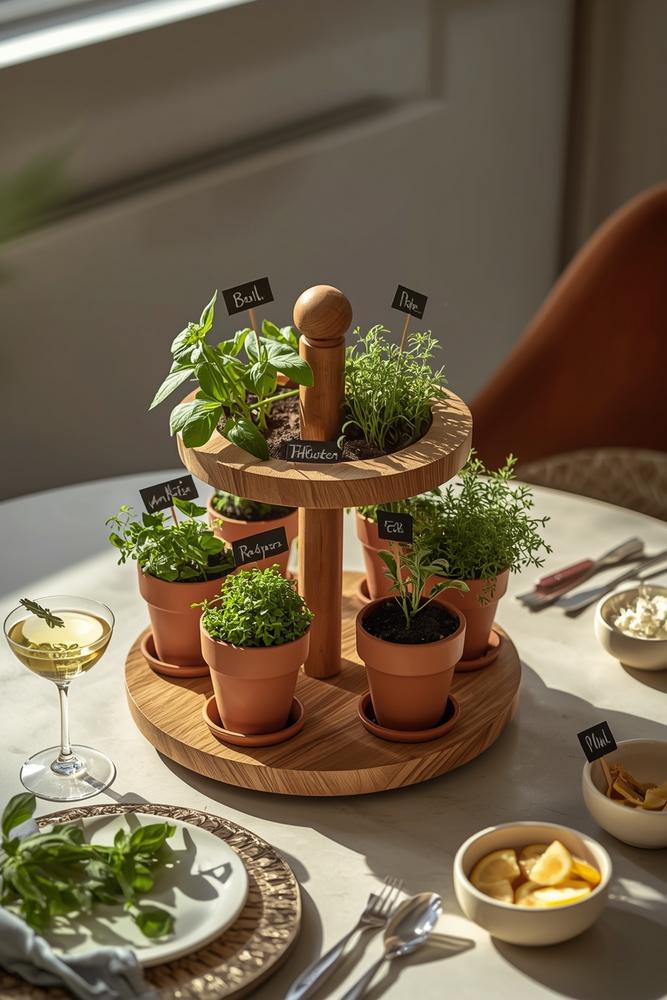 Drehbare Holz-Lazy-Susan mit Topfkraeutern