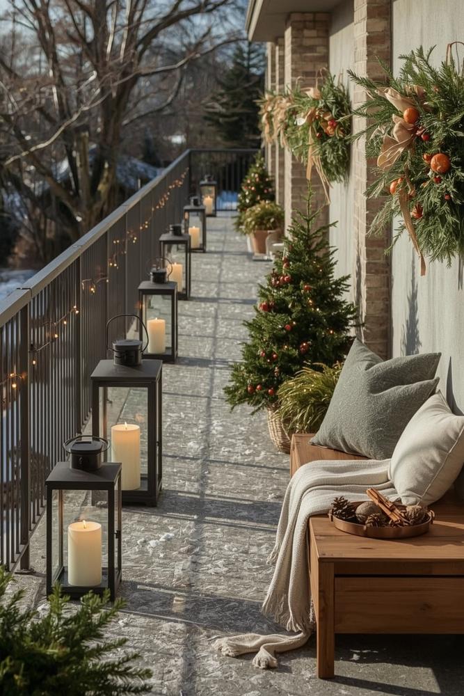 Laternenallee mit naturkraenzen auf winterlicher terrasse