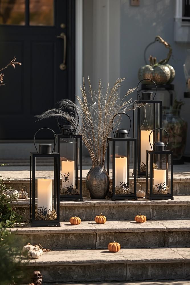 Laternenensemble mit LED-Kerzen und patinierten Glasvasen