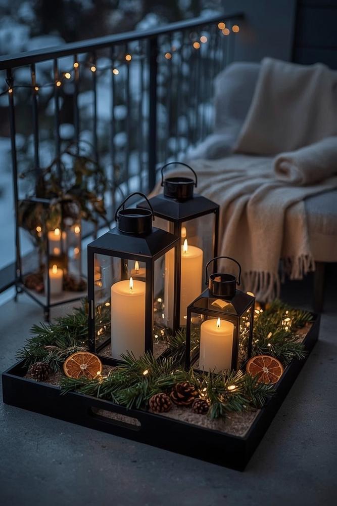 Laterneninsel mit LED‑Kerzen und frischem Tannengruen