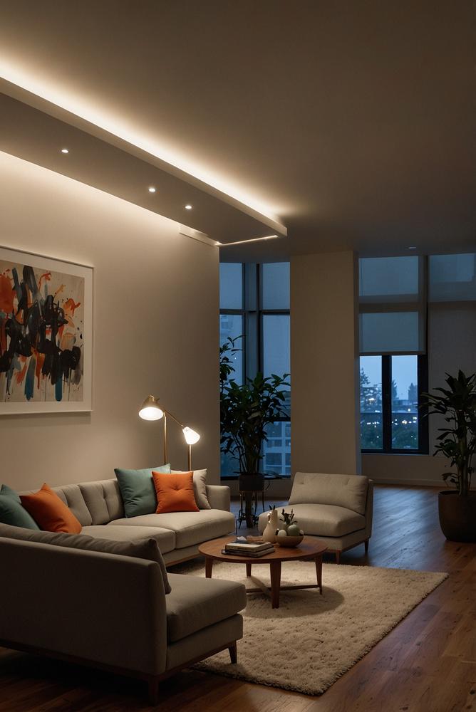 Künstlerische LED-Deckenskulptur im hellen Wohnzimmer