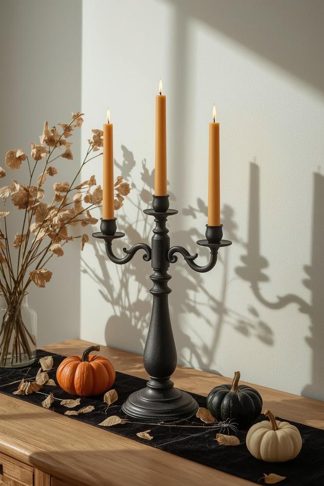 Mattschwarzer Gusseisen-Kerzenleuchter mit geflammten LED-Kerzen