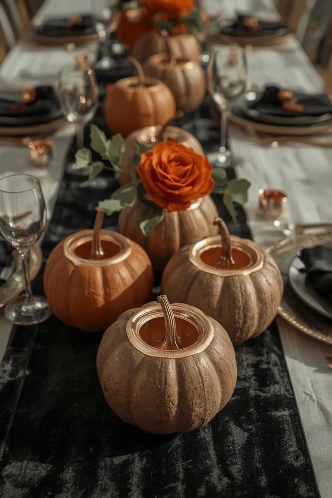 Mini-Kürbis-Vasen mit Goldrand auf dunklem Samtläufer