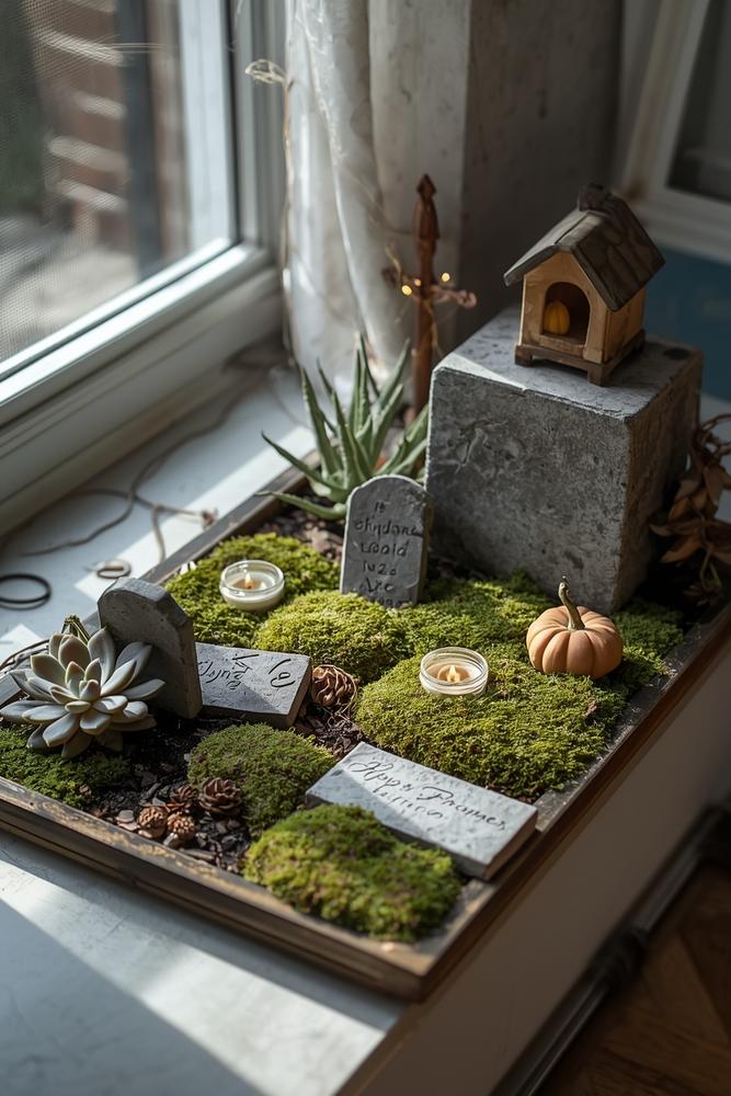 Moosiges Mini-Friedhof-Tableau mit Sukkulenten