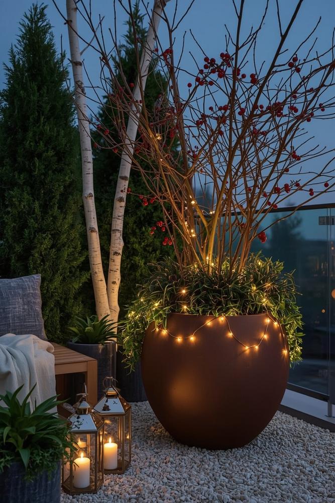 corten-pflanzkuebel mit immergruen und lichterkette