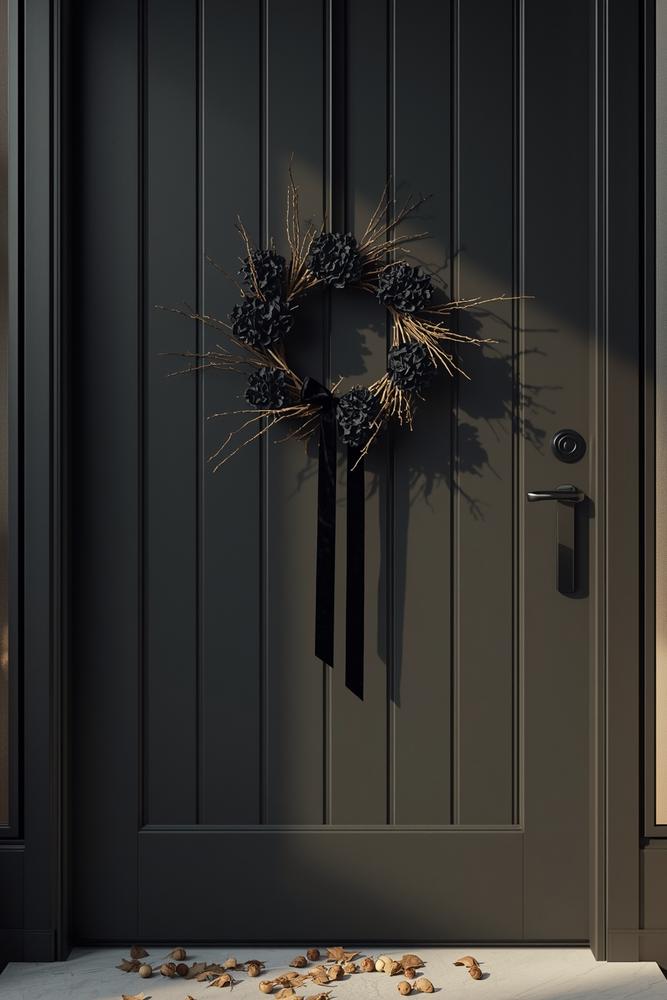 Schwarzer Hortensienkranz an anthrazitfarbener Tür