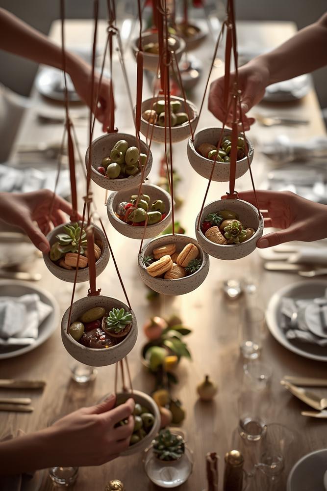 Schwebende Keramik-Gondeln über dem Esstisch