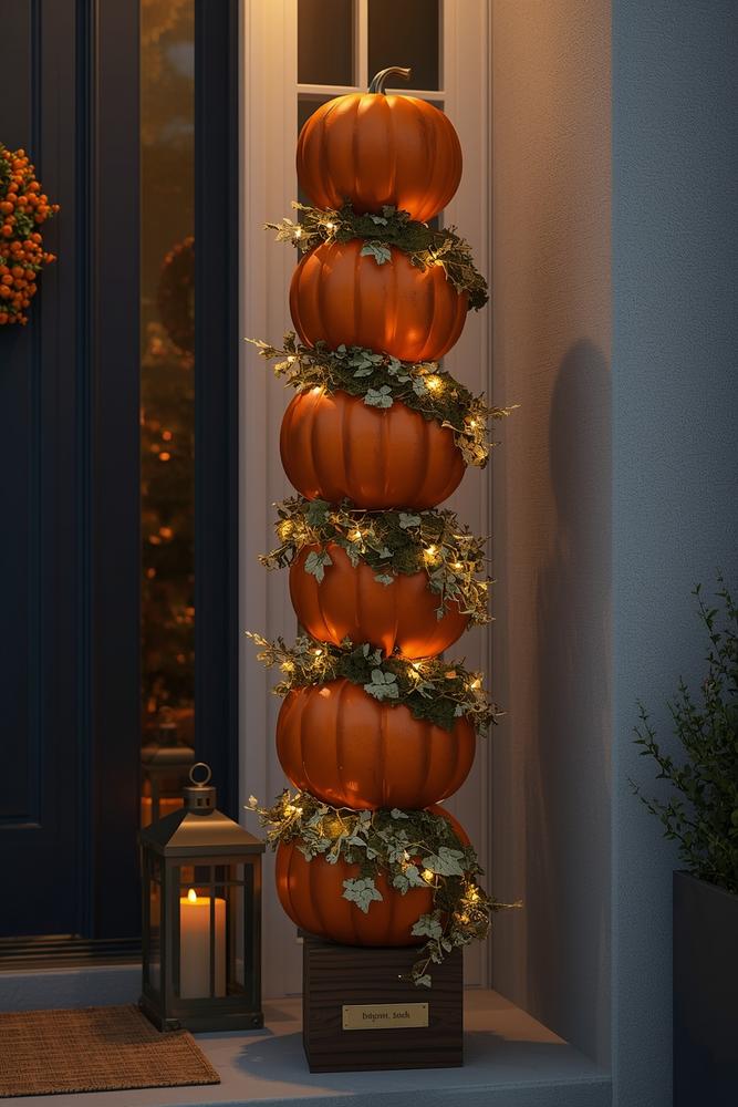 Skulpturaler Kürbis-Topiary mit warmen LED-Lichtern