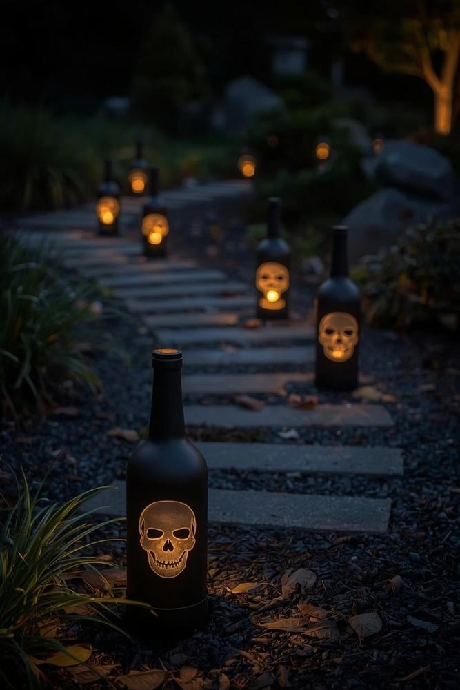 Schwarze Solar-Flaschenlaternen am Kiesweg