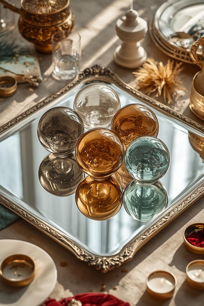 Spiegel-Tablett mit mundgeblasenen Glas-Orbs und Blattgold