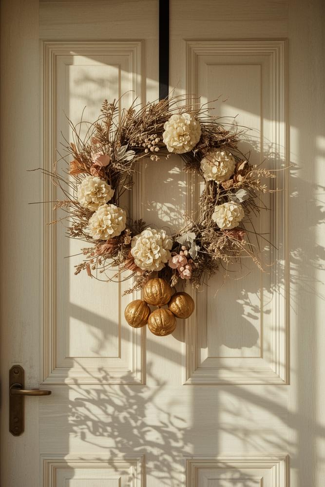 Trockenblumenkranz mit vergoldeten Mini-Gourds