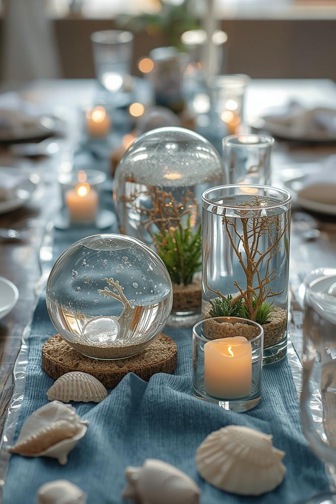 Unterwasser-Tischdeko mit Mini-Aquarien und Muscheln