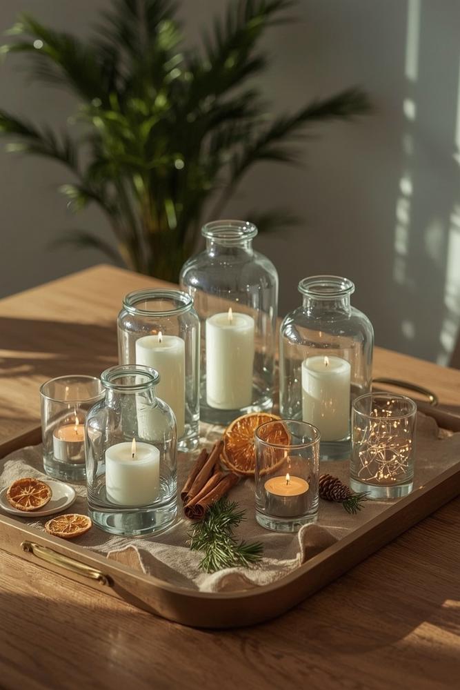 Windlicht-Cluster auf Tablett mit Zimt und Orangenduft