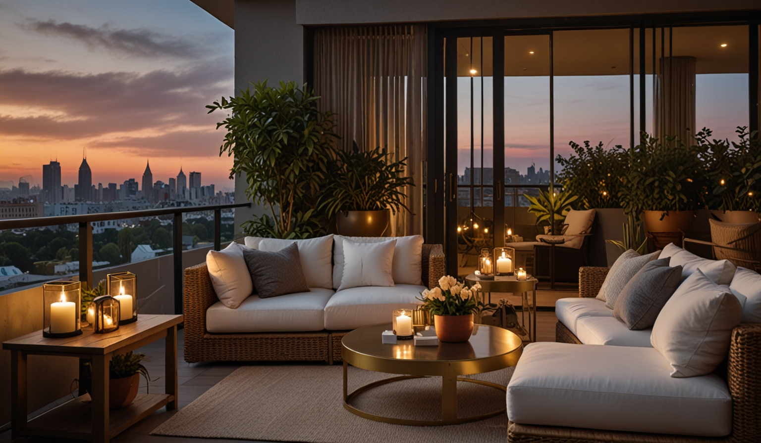 Moderne Balkon-Oase mit Designermöbeln und üppigen Pflanzen
