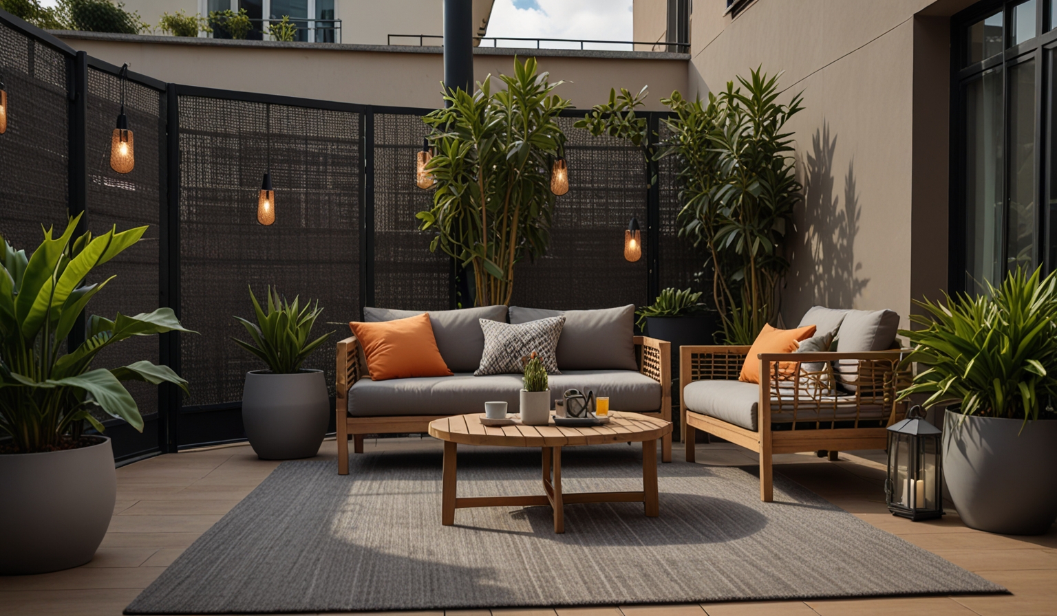 Stilvoller Balkon mit Polyrattan-Lounge und geometrischen Pflanzgefäßen