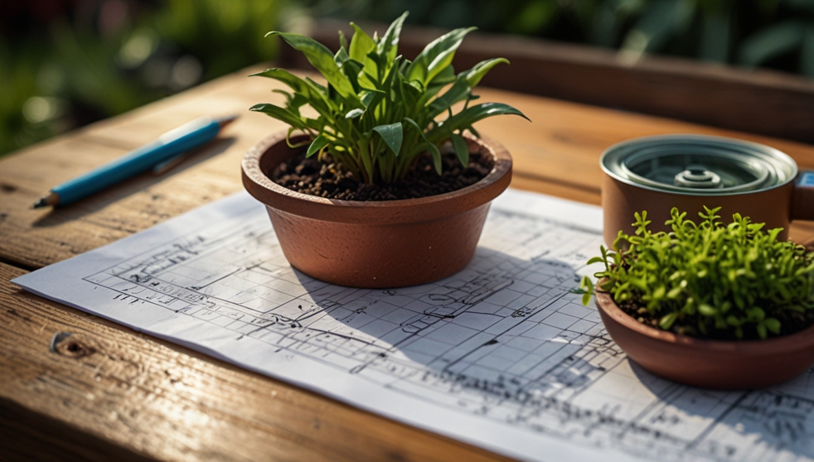 Gartenplanung für automatische Bewässerung mit Skizze und Materialien