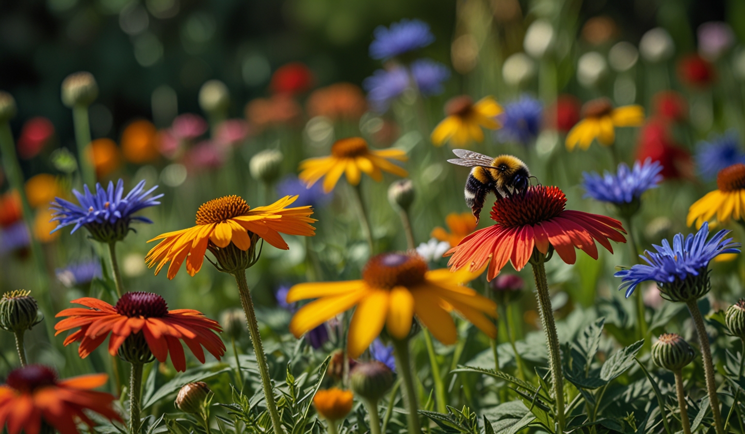 Heimische Wildblumen mit Hummel – Sonnenhut, Mohn und Kornblumen im Naturgarten