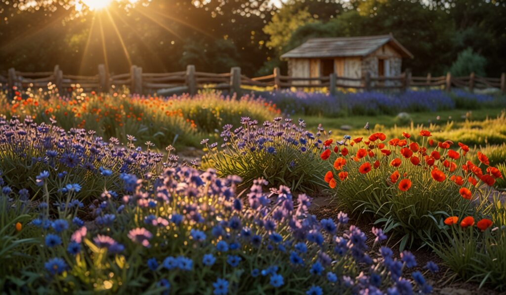 Naturgarten mit blühender Wildblumenwiese – Kornblumen, Mohn und Lavendel im Sonnenlicht