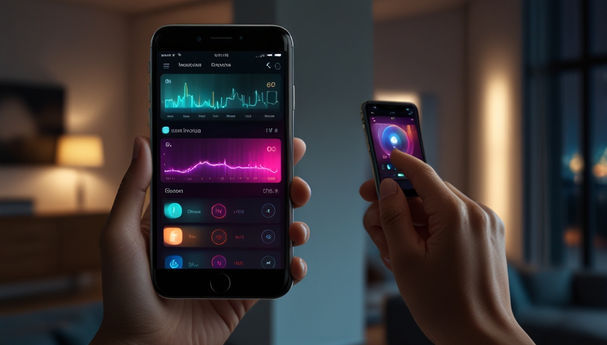 Smart-Home-App auf dem Smartphone steuert smarte Beleuchtung im Wohnzimmer