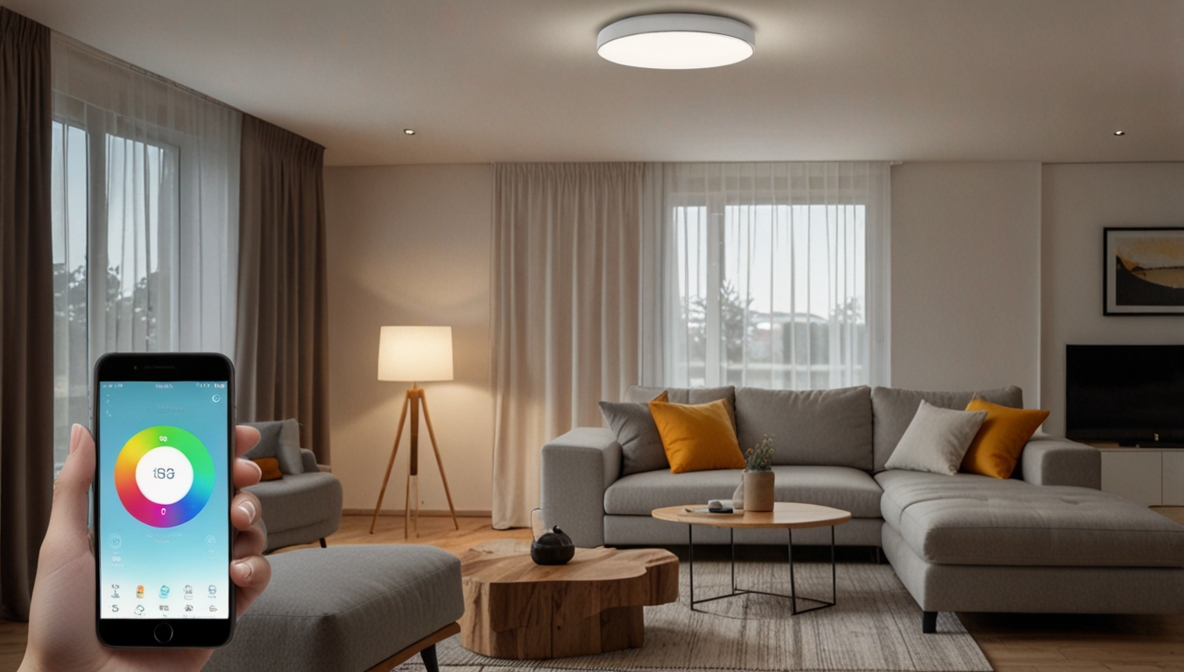 Smarte LED-Deckenleuchte mit Sprachsteuerung per Alexa im Wohnzimmer