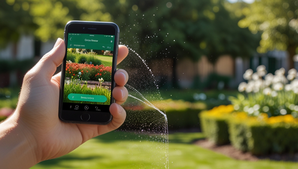 Person steuert smartes Bewässerungssystem per Smartphone-App im Garten