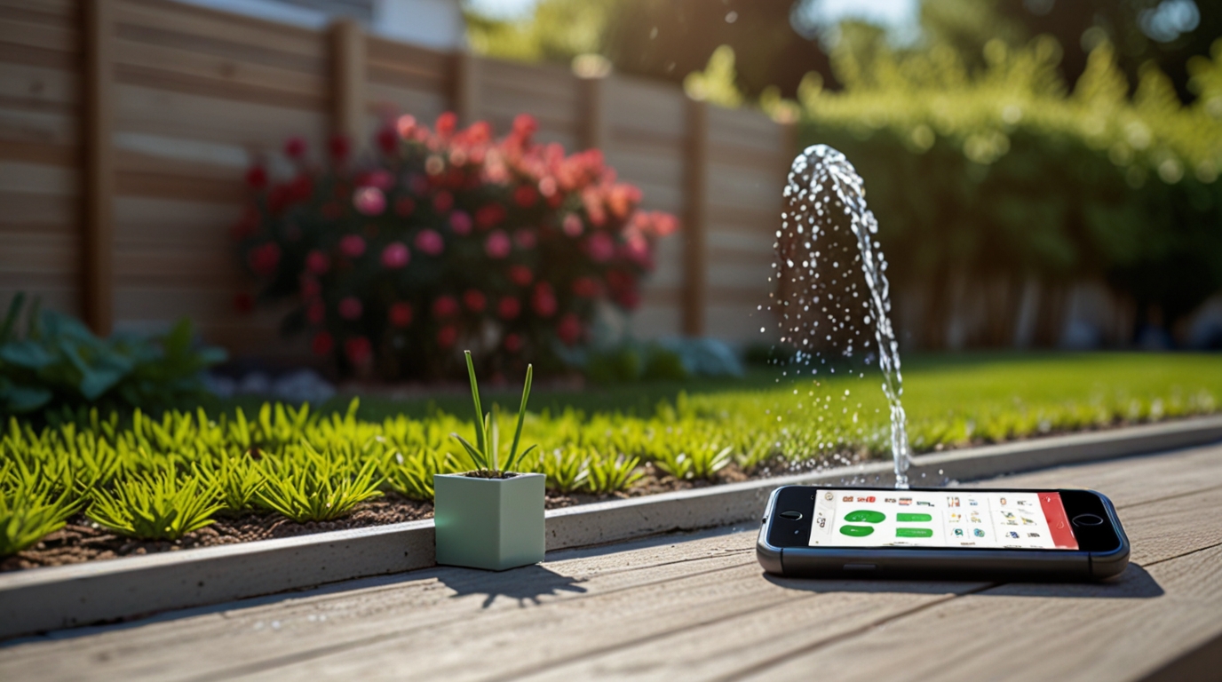 Smartes Bewässerungssystem per Smartphone-App steuern im modernen Garten