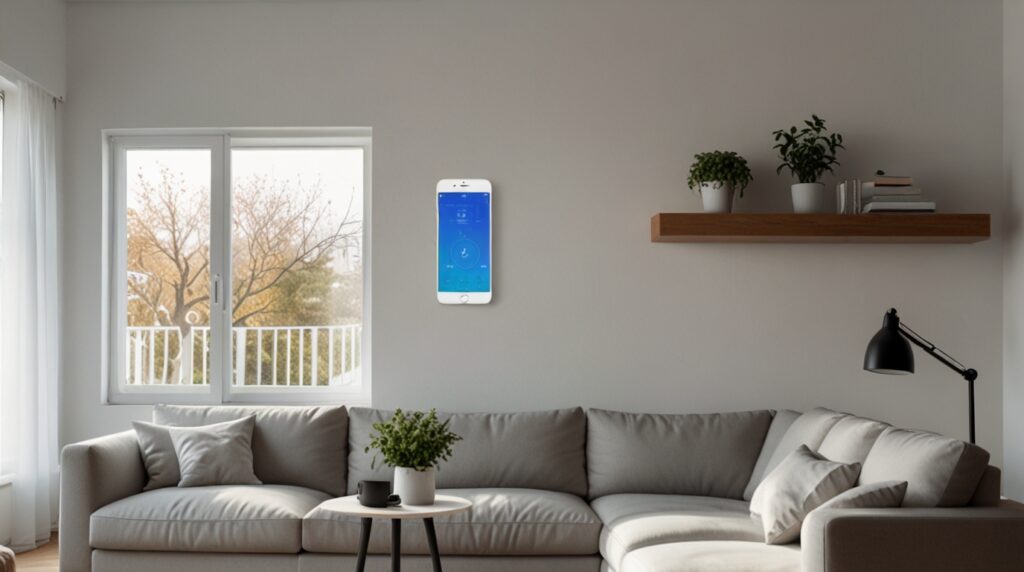 Smarte Klimaanlage im modernen Wohnzimmer per Smartphone steuern