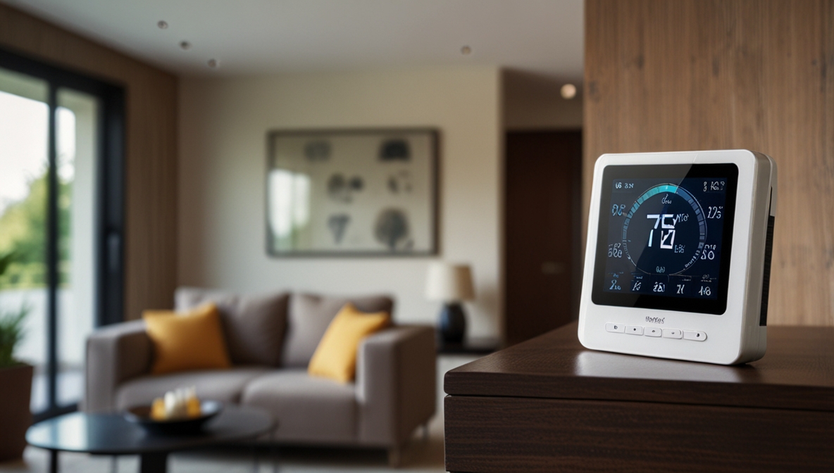 Smart Home Thermostat zeigt Temperatur und Energieverbrauch der smarten Klimaanlage