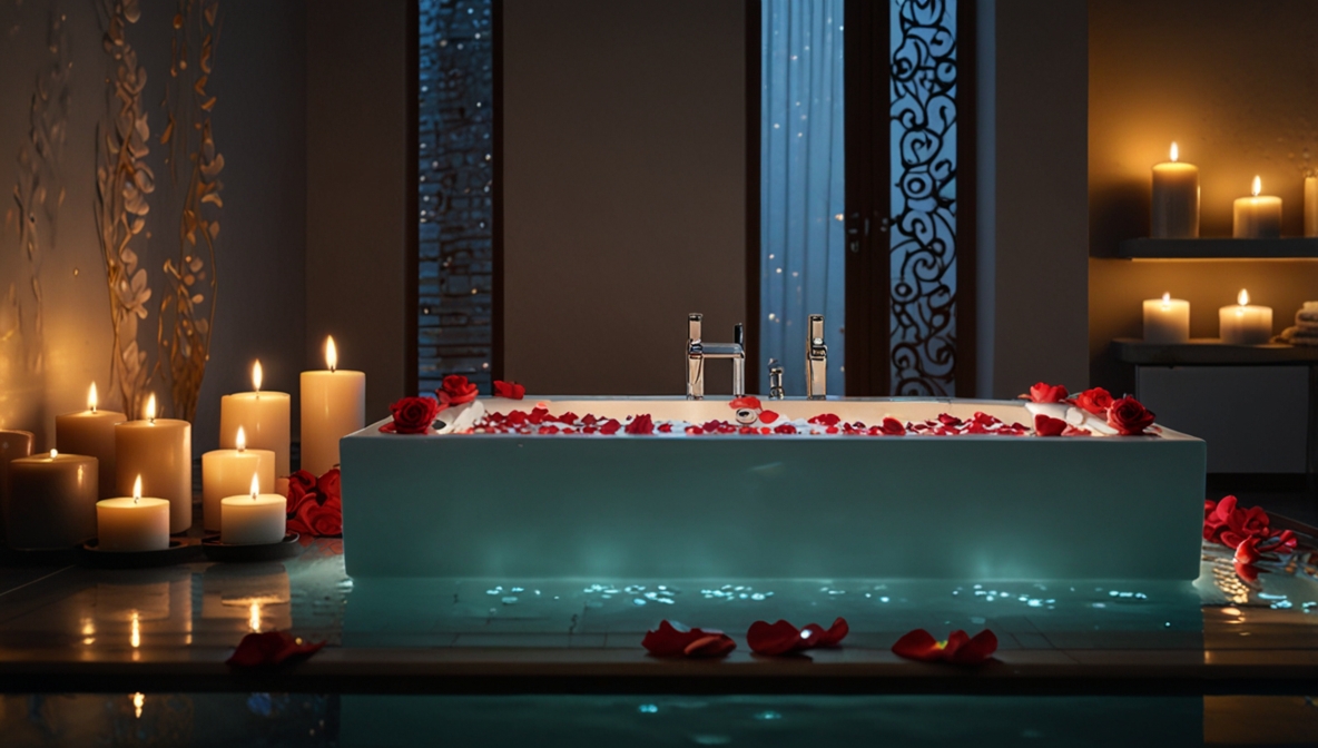 Whirlpool Badezimmer Atmosphäre mit LED-Beleuchtung, Kerzen und Rosenblättern im Wasser