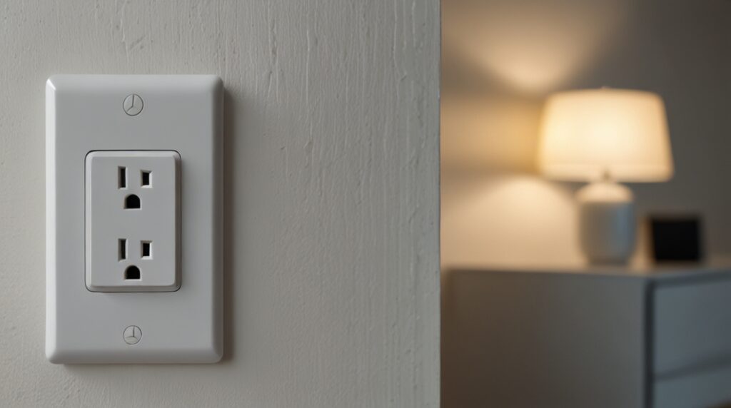 Smarte Steckdose in weißer Wandsteckdose im modernen Wohnzimmer