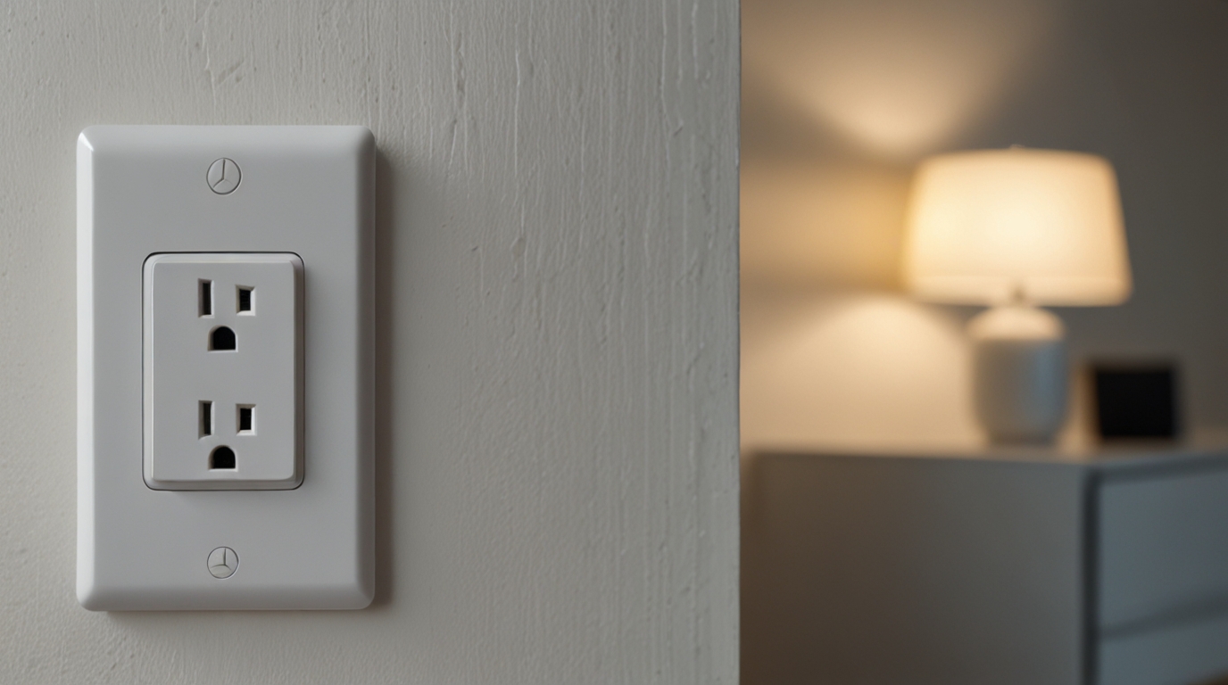 Smarte Steckdose in weißer Wandsteckdose im modernen Wohnzimmer