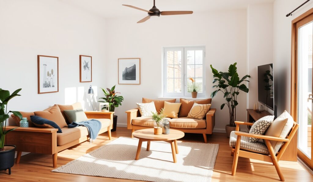 Gemütliches modernes Wohnzimmer mit natürlichem Licht und Holzmöbeln