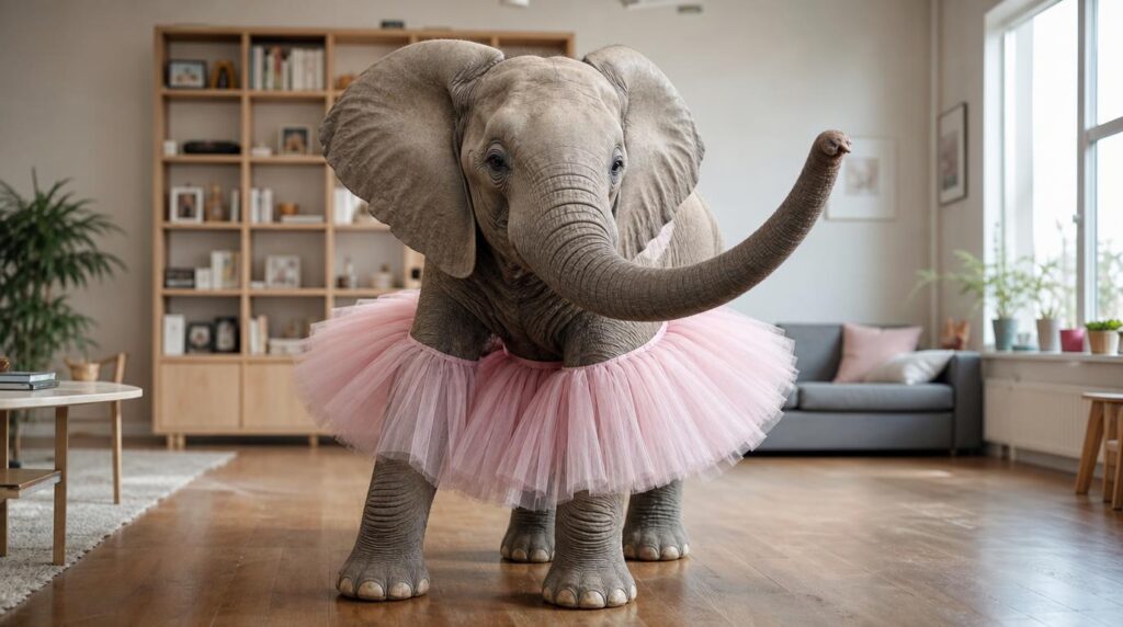 Elefant mit rosa Tütü im modernen Wohnzimmer